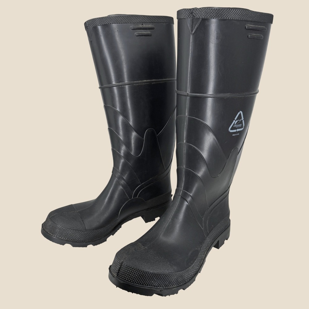 OnGuard Rubber Work Boots Men 9 Black Waterproof Tall Utility Made USA Pull On